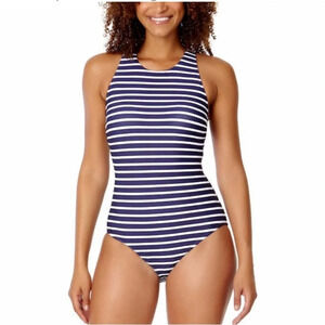Lands' End Ladies' Swimsuit One Piece Blue and White stripe Soft Cup Medium